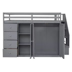 Teddy Fleece Full Size Loft Bed with Storage Shelf and Drawers, Wooden High Loft Bed with Versatile Desk for Bedroom