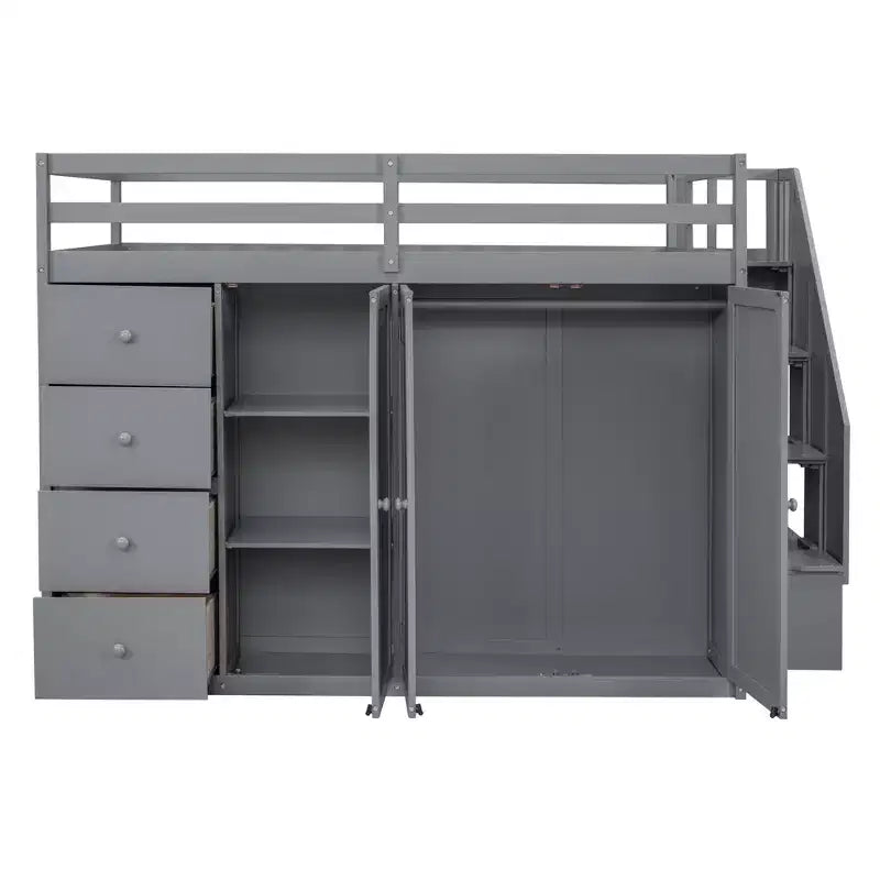 Teddy Fleece Full Size Loft Bed with Storage Shelf and Drawers, Wooden High Loft Bed with Versatile Desk for Bedroom