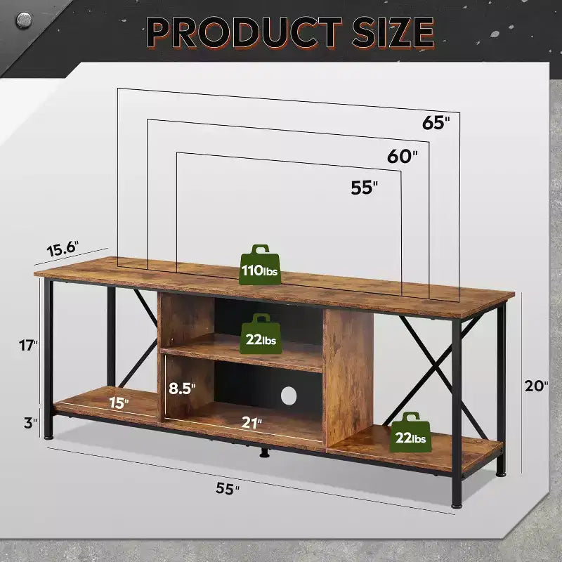 Rustic Industrial TV Stand for 55-65 TVs with Storage & Cable Management
