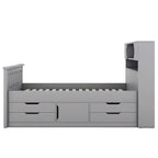 Twin/Full Size Captain Platform Bed with 4 Drawers and Storage Shelves, Solid Wood Bed Frame with Storage Bookcase Headboard