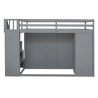 Gray Full Size Wood Loft Bed with Wardrobes, Drawers and Storage Staircase