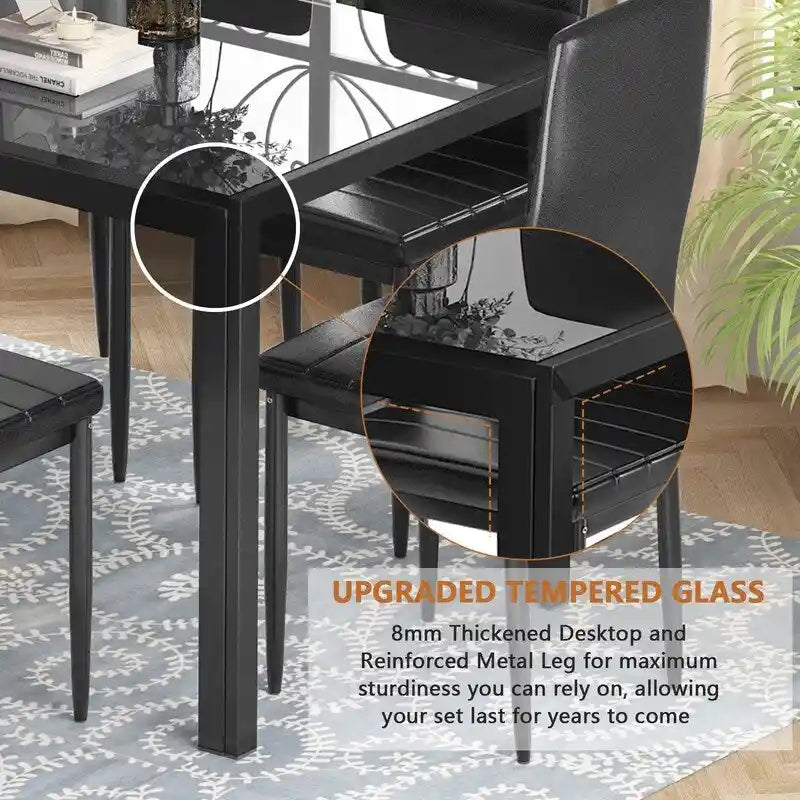Grondin Modern Style 7-Piece Dining Room Table Set with Tempered Glass Tabletop and 6 PU Leather Upholstered Chairs
