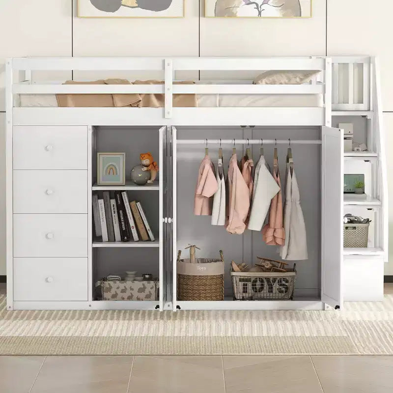 Teddy Fleece Full Size Loft Bed with Storage Shelf and Drawers, Wooden High Loft Bed with Versatile Desk for Bedroom