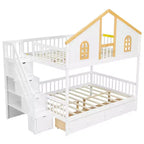 Whisen Twin Size Bunk Bed with Window Door and Roof, Storage Drawers and Staircase