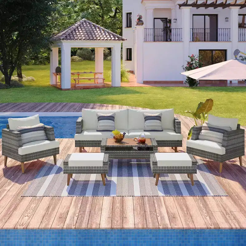 Whisen 6-Pieces All Weather PE Wicker Sofa Set, Outdoor Rattan sofa With Double Cushions