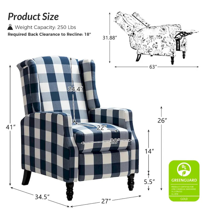 Mid-Century Modern Manual Pushback Recliner with Wingback Design