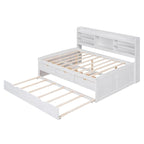 Full Size Wooden Captain Platform Bed with Built-in Bookshelves, Three Storage Drawers and Trundle