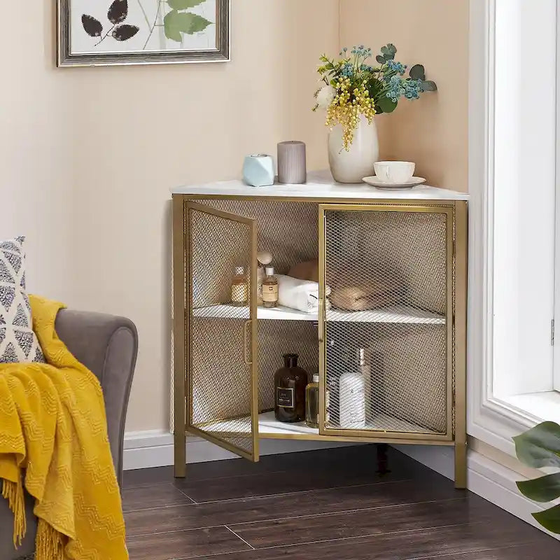 Javlergo Corner Table Modern Triangle 3-tier Storage Shelf with 2 Doors for Living Room Bedroom Office