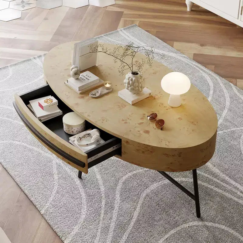 Oval Coffee Table with Drawer Mid-Century Modern Center Table 47.2 Wooden Coffee Table with Storage and Cross Metal Legs Curved Design