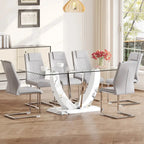 Modern Tempered Glass Dining Table Set with U-shaped Marble Pattern Base and PU Upholstered Chairs