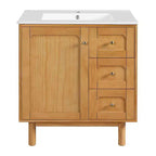 JVNOXK 30-inch Rustic Modern Ceramic Vanity Cabinet with 3 Drawers and 1 Large Soft-Close Door, Storage Cabinet, Natural Wood Grain