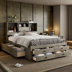 Gray Queen Size Modern Wooden Bed with Storage Headboard and 8 Drawers