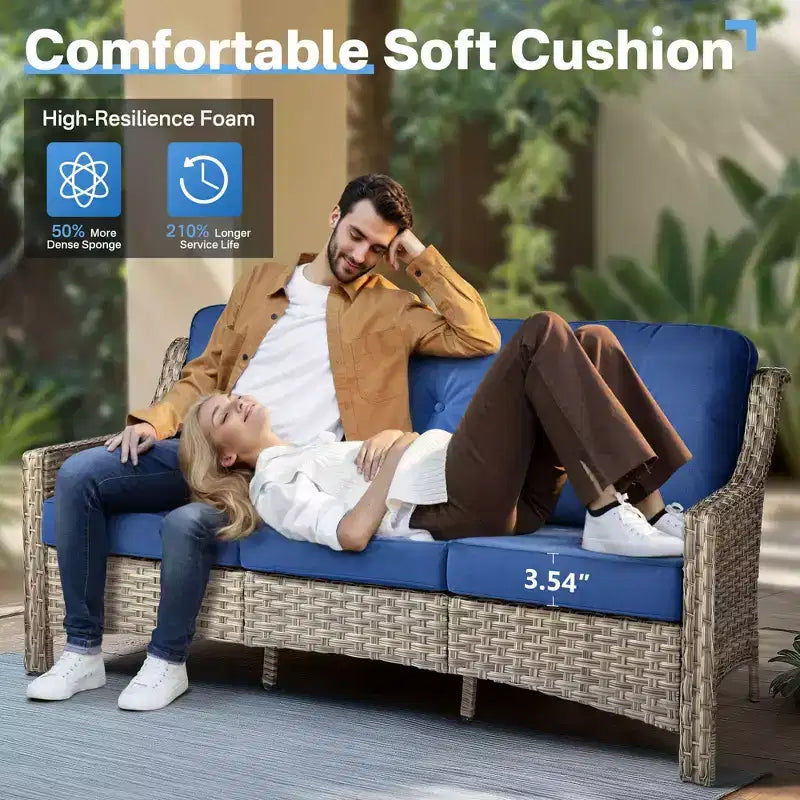 HOMLUX 6 PCS Patio Wicker Conversation Set 3-Seat Sofa with Cushion, Rattan Chairs, Ottomans, Coffee Table