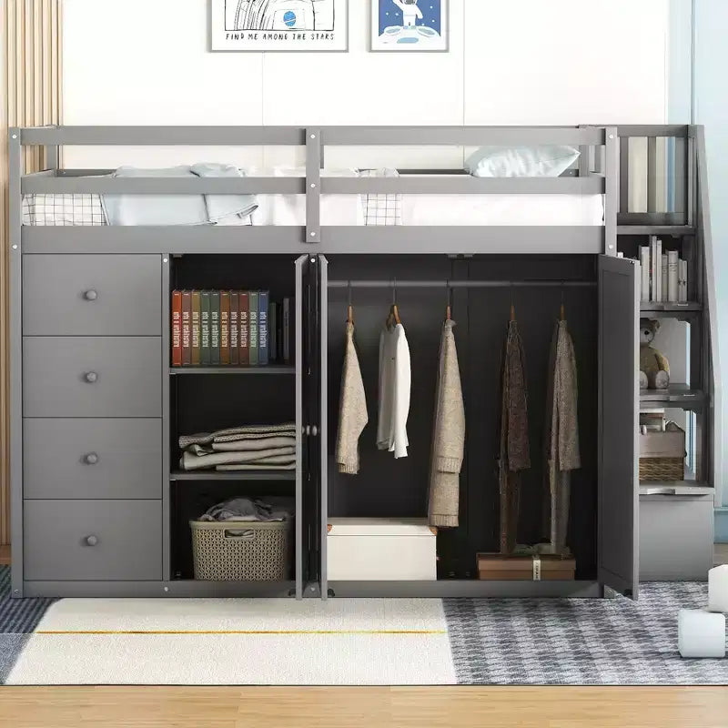 Teddy Fleece Full Size Loft Bed with Storage Shelf and Drawers, Wooden High Loft Bed with Versatile Desk for Bedroom