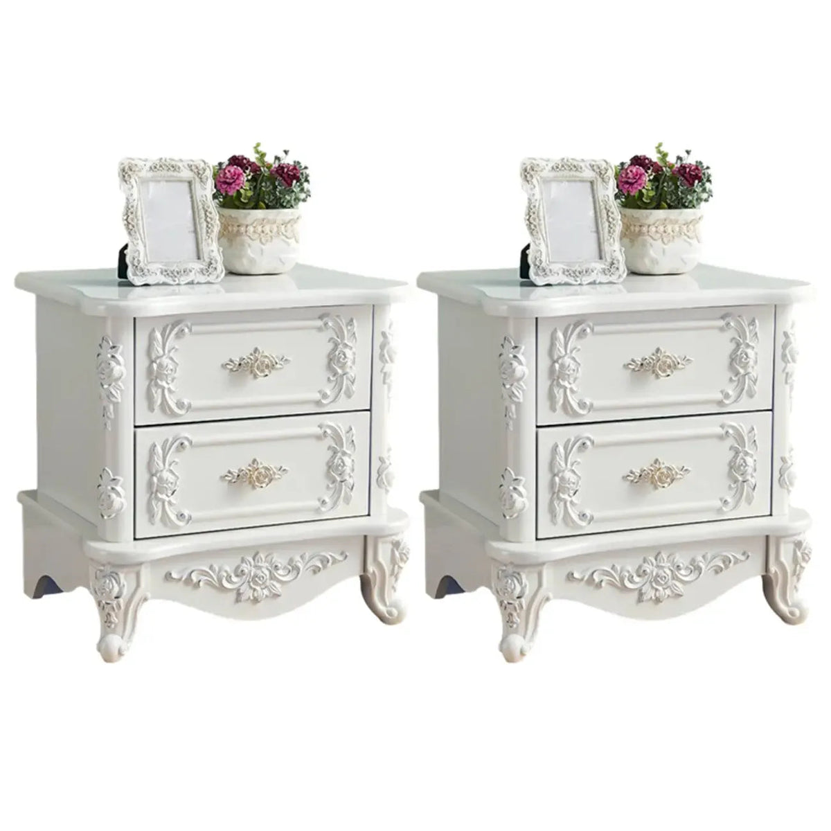 Traditional White Wood Carved 3-Drawer Nightstand