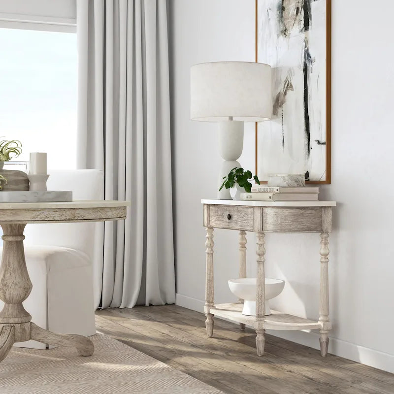 Marble Top Console Table ¨C Light Brown / Grey / Washed Black, Demilune, 1-Person Assembly