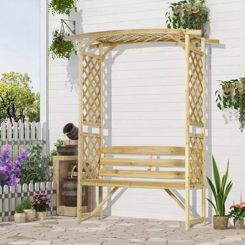 Outsunny Patio Garden Bench Arbor Arch with Pergola and 2 Trellises, 3 Seat Natural Wooden Outdoor Bench for Grape Vines & Climbing Plants