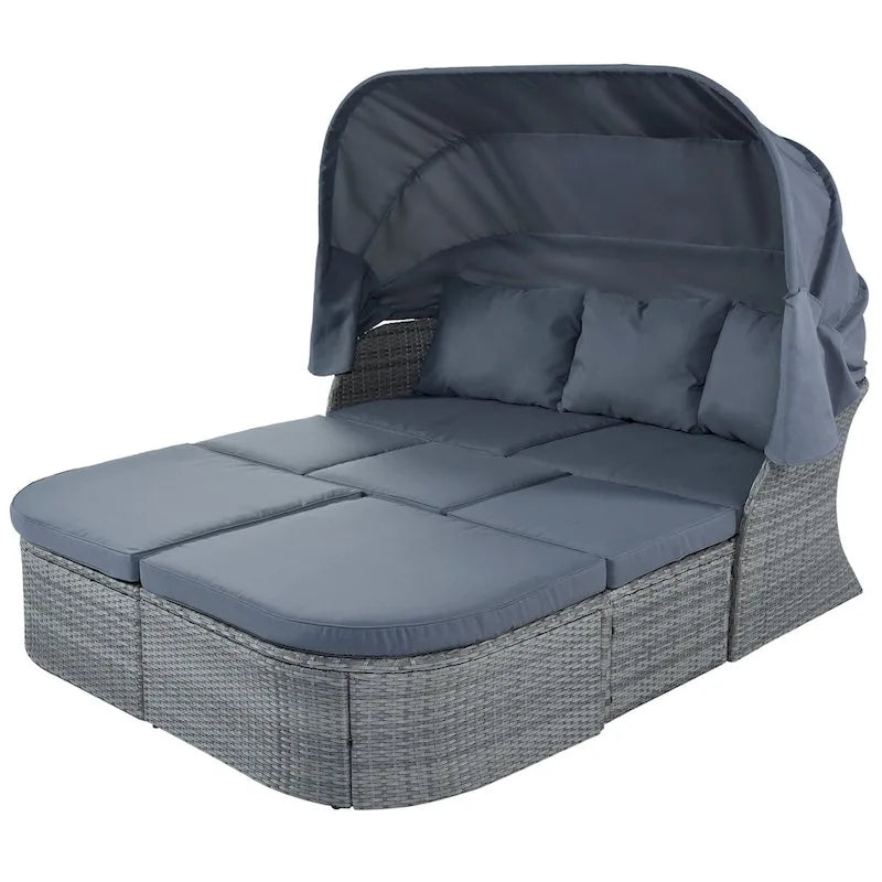 Outdoor Gray Wicker Daybed with Cushions and Retractable Canopy