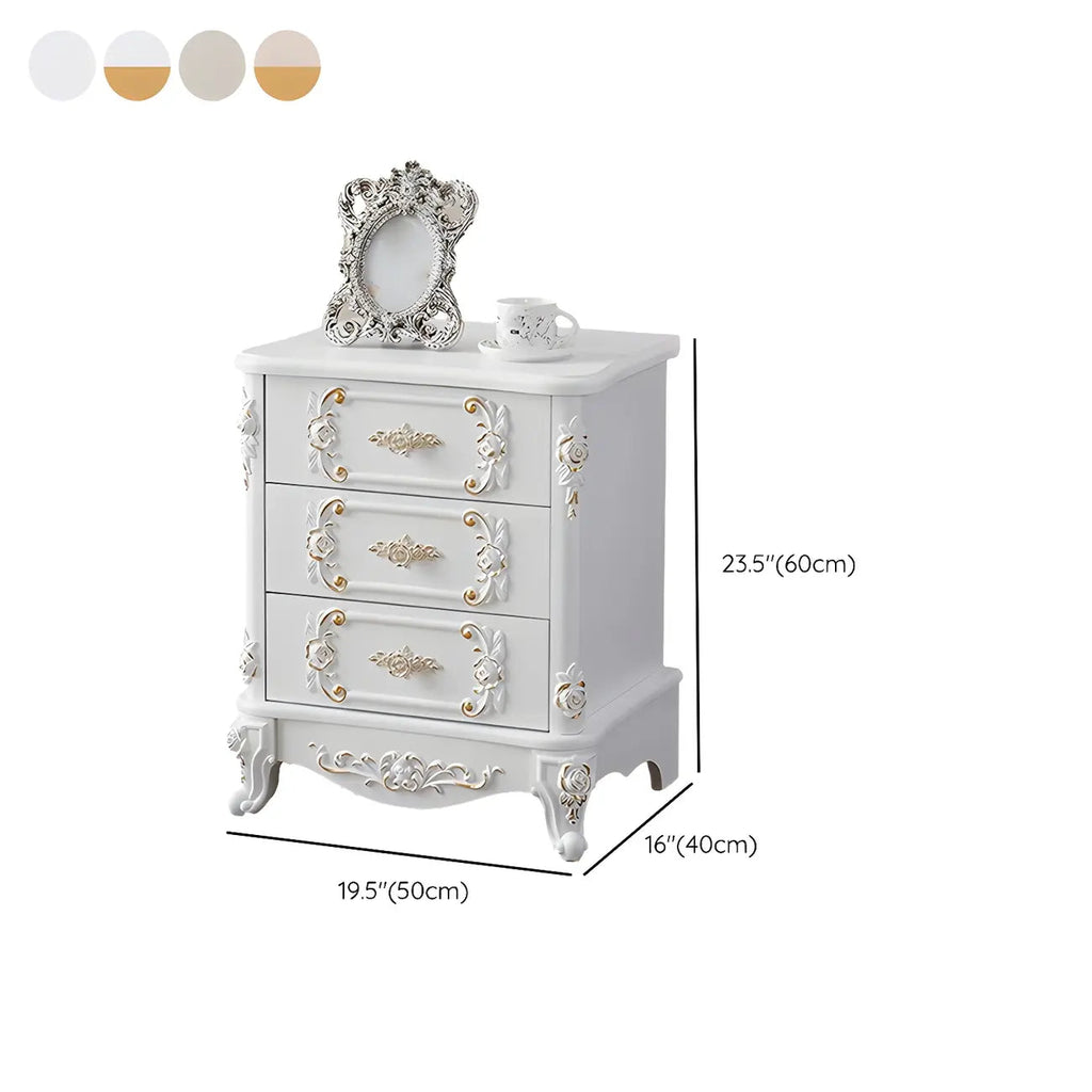 Traditional White Wood Carved 3-Drawer Nightstand