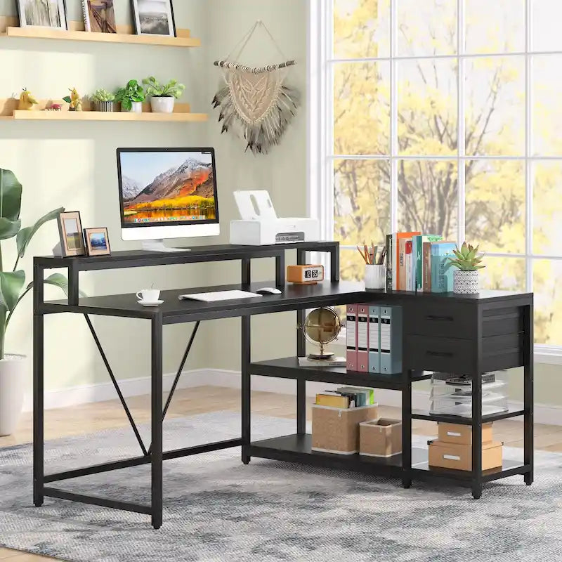 L Shaped Desk with Drawer, Home Office Corner Desk with Storage Shelves and Monitor Stand, Rustic PC Desk for Small Space