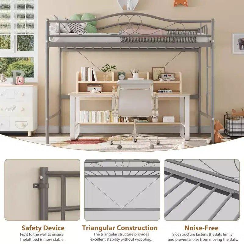 Loft Bed Twin Size with Removable Ladder & Full Safety Guardrail, Twin Loft Bed Heavy-Duty Metal Frame 400 Lbs Weight Capacity, Space Saving