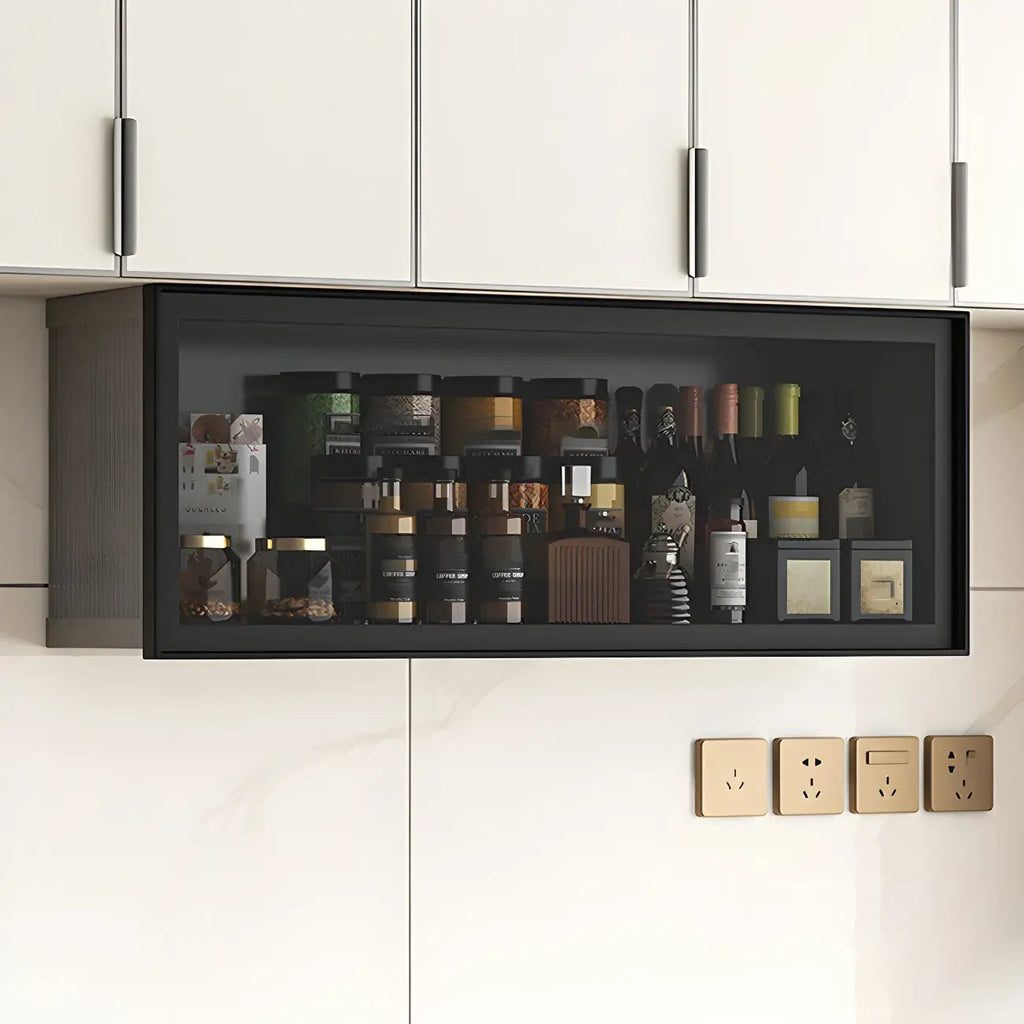 Grey Metal Floating Mounted Glass Kitchen China Cabinet