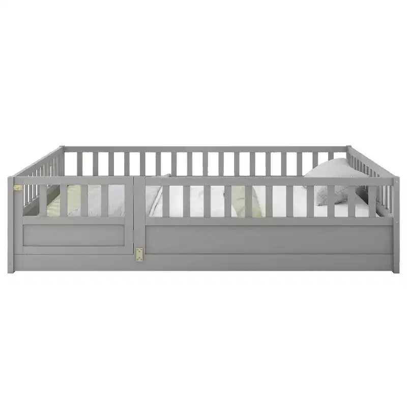 Full Floor Bed Frame with Extra-Tall Safety Rails and Entry Door, Gray