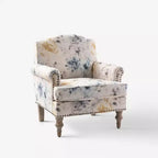 Wooden Upholstered Floral Pattern Armchair with Panel Arms and Camelback