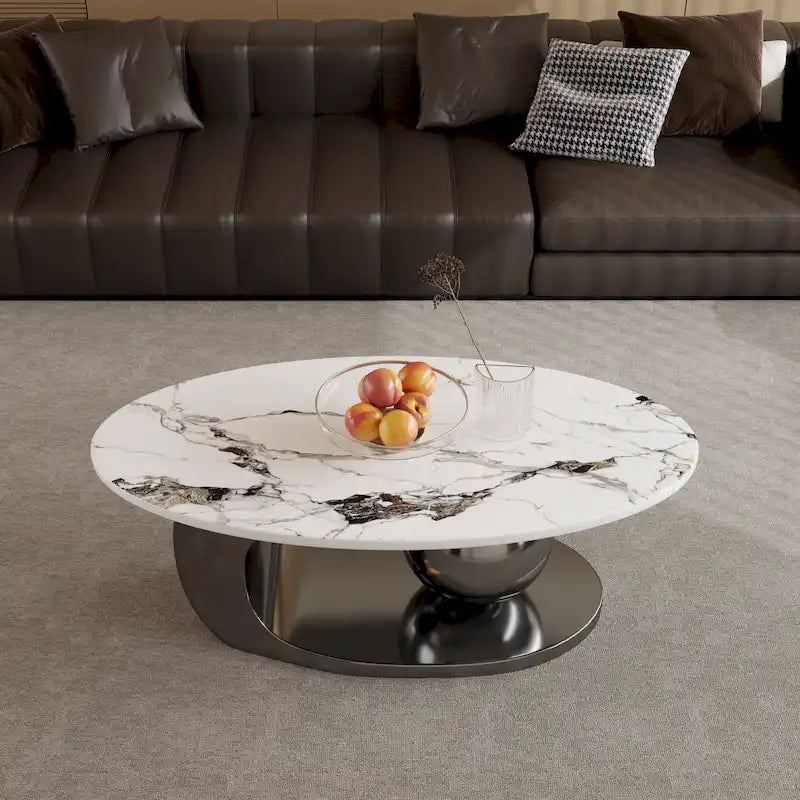 51 Modern Pandora Oval Coffee Table with Glossy Sintered stone top, Luxury Coffee Table, Stainless Steel Legs for Livingroom