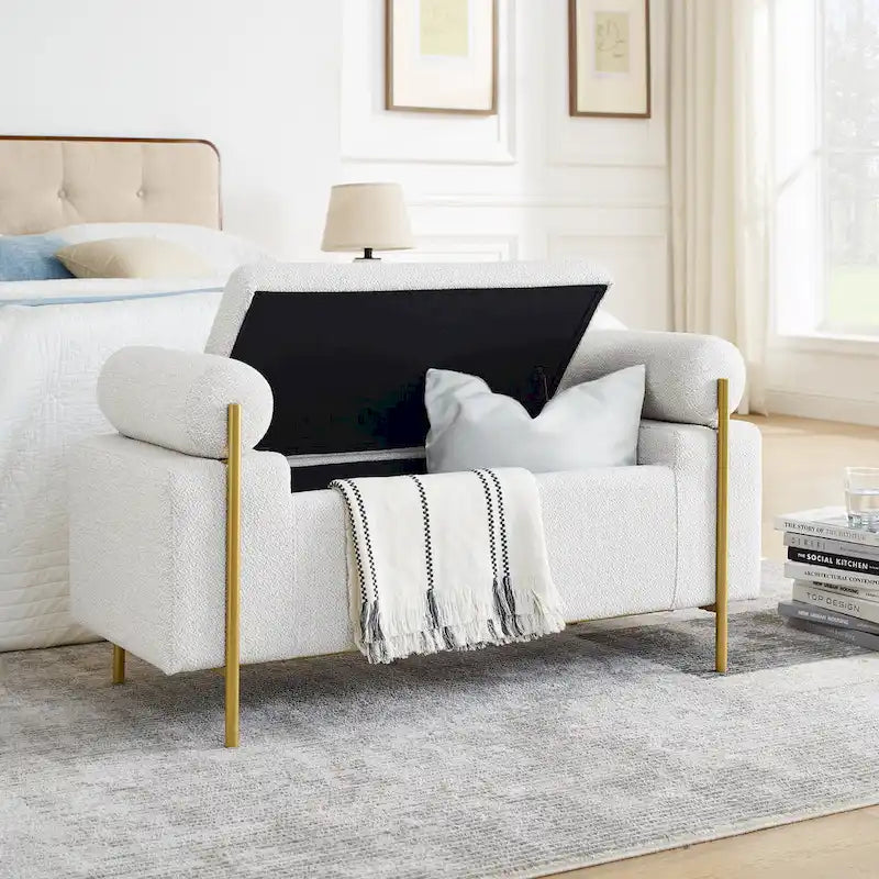 Upholstered Linen Storage Bench with Cylindrical Arms and Gold Metal Legs