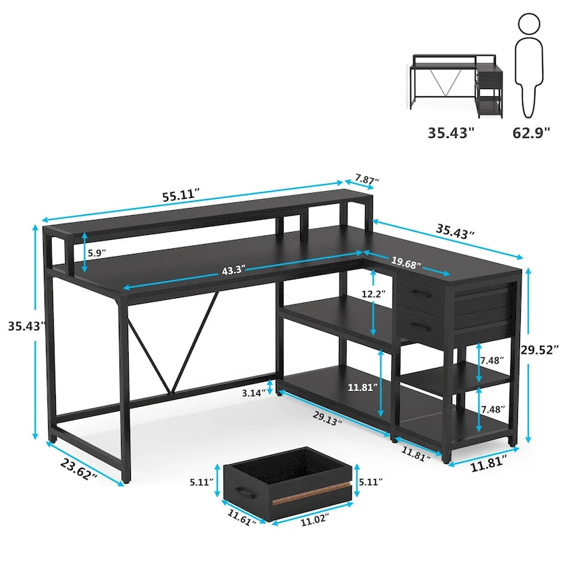 L Shaped Desk with Drawer, Home Office Corner Desk with Storage Shelves and Monitor Stand, Rustic PC Desk for Small Space
