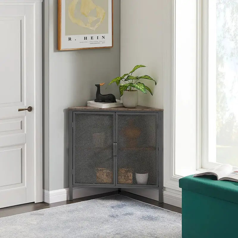 Javlergo Corner Table Modern Triangle 3-tier Storage Shelf with 2 Doors for Living Room Bedroom Office
