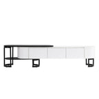 Modern Black White Retractable TV Stand with 3 Drawers and Metal Adjustable Legs for Living Room Bedroom