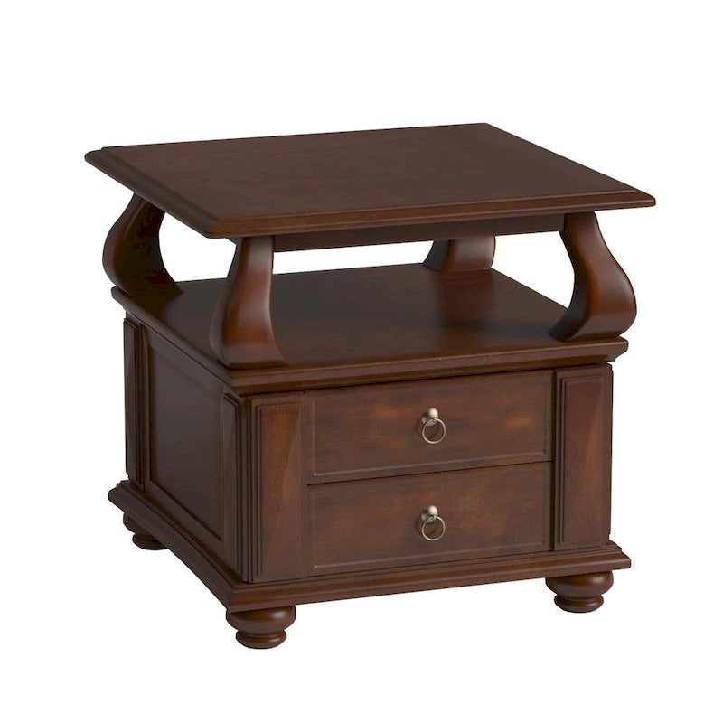 HomeRoots 26  Brown Solid Wood Square End Table With Two Drawers And Shelf - 26 X 26 X 28