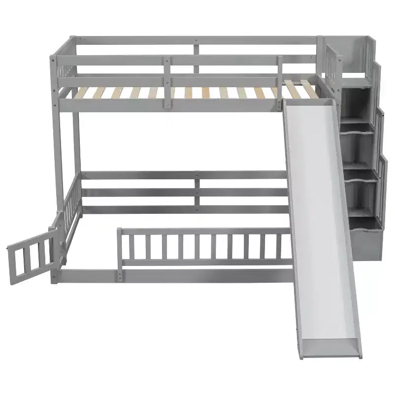 Twin over Full Bunk Bed with Slide, Storage Staircase, Safety Guardrails and Solid Pine Wood Frame, White/Grey