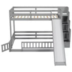 Twin over Full Bunk Bed with Slide, Storage Staircase, Safety Guardrails and Solid Pine Wood Frame, White/Grey