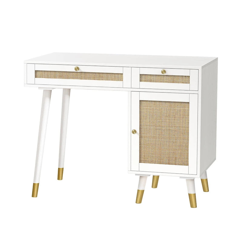 Computer Desk with 2 Drawers Modern Rattan Home Office Desk with File Cabinet