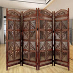 Benzara Traditional Four Panel Wooden Room Divider with Hand Carved Details Antique Brown