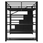 Queen Size Metal Loft Bed with Storage Shelves, Cabinets and Wardrobe