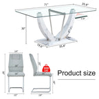 Modern Tempered Glass Dining Table Set with U-shaped Marble Pattern Base and PU Upholstered Chairs