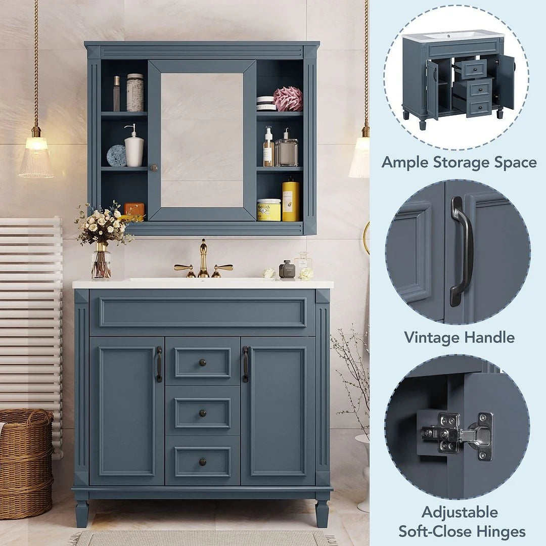 36 Modern Bathroom Vanity with Top Sink and Mirror Cabinet,2 Doors and 2 Drawers