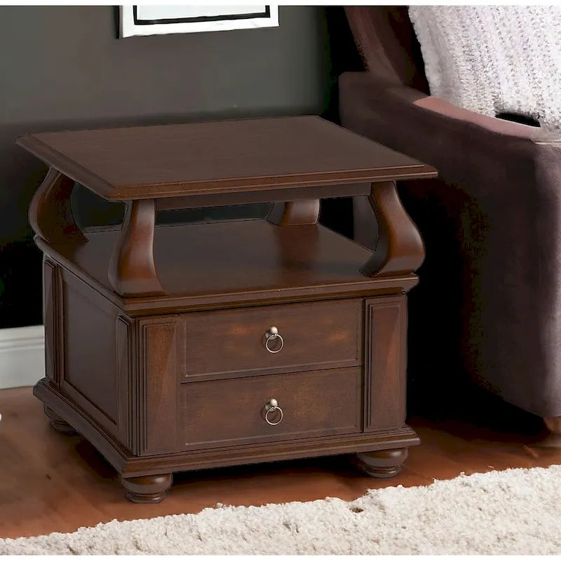 HomeRoots 26  Brown Solid Wood Square End Table With Two Drawers And Shelf - 26 X 26 X 28