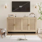 Woven Rattan 4-Door Storage Cabinet, Buffet Sideboard with Shelf, Coffee Bar Console for Kitchen Dining & Living Room, 36H
