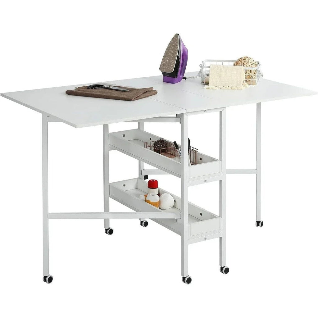 Height Adjustable Craft Table with Storage Shelves, Mobile Folding Cutting Table for Home Office Sewing Room Craft Room
