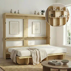 2-in-1 Invisible Murphy Bed with Shelf Storage, Queen Size, Natural Wood (Mattress Not Included)