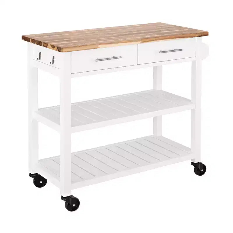 Acacia Wood Top Rolling Kitchen Cart Island Table with Drawers, 38.4 W x 18.5 D, White