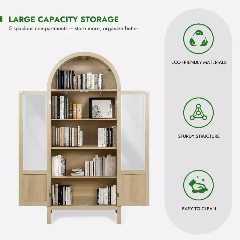 71 Tall Arched Storage Cabinet with 2 Acrylic Doors and Shelves for Living Room