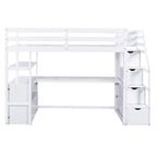 Twin Size Loft Bed with Desk and Shelves, Two Built-in Drawers, Storage Staircase