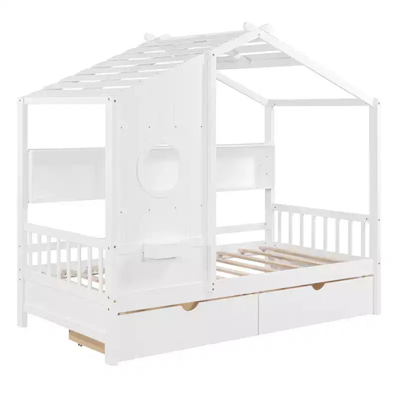 Whisen Twin Size House Bed & Kids Bed, Playhouse Bed with 2 Drawers, Storage Shelf