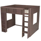 Whisen Queen Size Wooden Loft Bed Frame with Storage Cabinets and Shelves